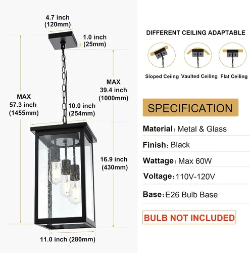 Miniatura 19 de TODOLUZ Lámpara Colgante de Exterior de 3 Luces Negra, Linterna Colgante Exterior Ajustable Luz de Porche