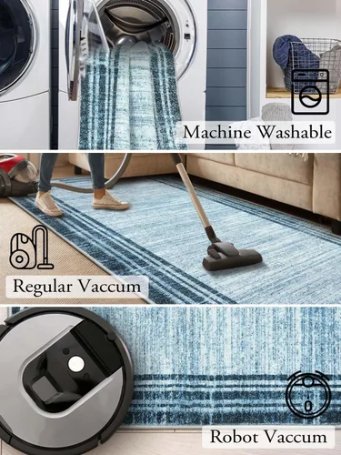 Miniatura 21 de Alfombra de pasillo moderna abstracta Lahome, alfombra lavable turquesa de 2 x 6 pulgadas para entrada, alfombra antideslizante de bajo pelo