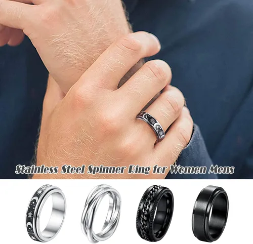 Miniatura 3 de FUNRUN JEWELRY Juego de 4 anillos giratorios de acero inoxidable para mujeres y hombres, anillos de banda para la ansiedad, luna, estrella, celta