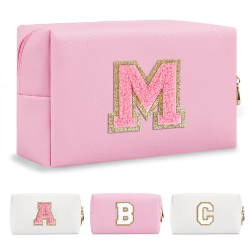 Miniatura 193 de Pequeña bolsa de maquillaje personalizada con inicial A-Z Preppy Patch, bolsa de cosméticos de viaje de felpilla blanca con cremallera, bonita bolsa
