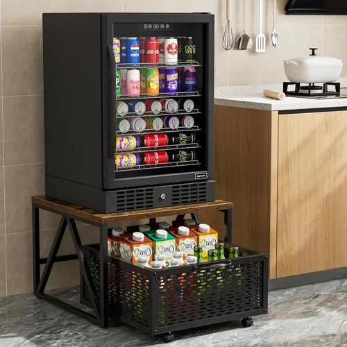 Urban Deco Mini soporte para refrigerador con almacenamiento, carrito de refrigerador resistente con cesta de cajón, mini mesa de refrigerador para