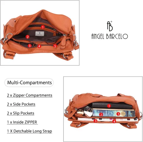 Miniatura 201 de Angel Barcelo - Bolsa de hombro amplia para mujer, diseño Hobo, cuero lavado