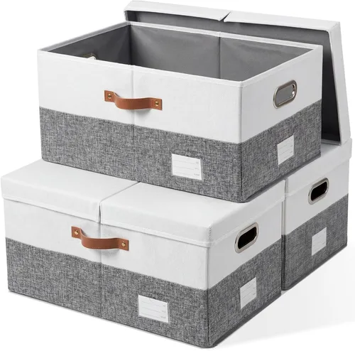 Miniatura 17 de PRANDOM Contenedor de almacenamiento plegable con tapa [1 unidad] Caja de almacenamiento decorativa de tela de lino, cesta organizadora con asas
