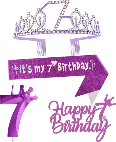 Miniatura 10 de Decoraciones de cumpleaños número 7 para niña, que incluyen corona/tiara de cumpleaños número 7, banda, adorno para pastel de cumpleaños y velas