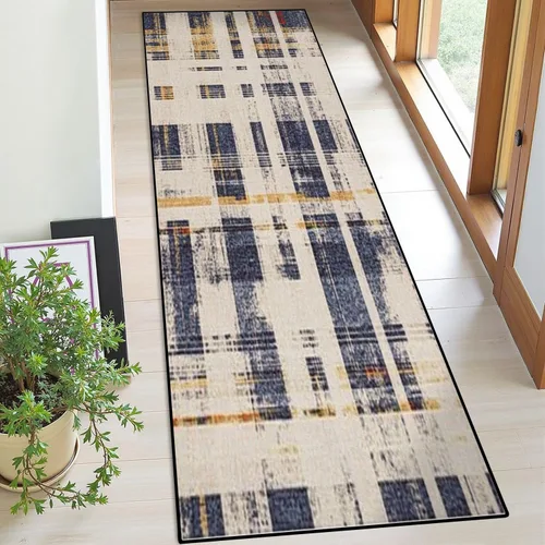 Runner Rug Washable 2x6 Patten Indigo Navy Beige Cream Pale Beige Modern Vintage Fabric Non-Slip Hallway Area Rug Indoor Outdoor Home Decor for
