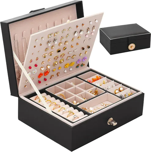 QBestry Organizador de aretes de tuerca para mujeres y hombres, caja de joyería negra para aretes, collar, organizador de joyas, caja de aretes para