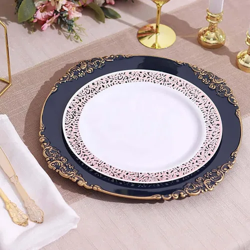 Miniatura 18 de Efavormart - Paquete de 6 platos barrocos redondos de oro rosa de 13 pulgadas, borde en relieve de hojas, perfecto para decoración de catering