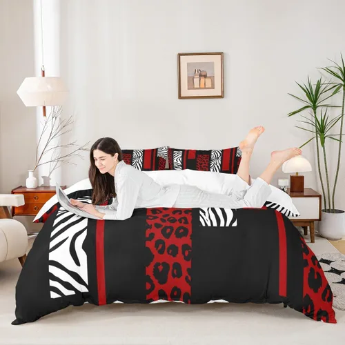 Miniatura 2 de Juego de funda de edredón con estampado de leopardo, tamaño individual, juego de ropa de cama rústica con rayas de piel de cebra, decoración