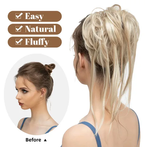 Miniatura 2 de CJL HAIR - Extensión de cabello tipo coletero de chongo desordenado, rizado, sintético, con colas rectas, scrunchies para peinados de moño