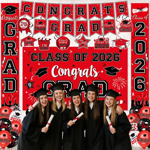 Miniatura 6 de Decoraciones de graduación 2026, juego de decoraciones de graduación rojo y negro con pancarta y telón de fondo de felicitaciones, letrero