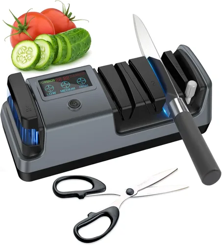 Afilador de cuchillos eléctrico 5 en 1 para cuchillos de cocina, afilador de 3 etapas con 100% abrasivo de diamante, pantalla LCD, velocidad Gris