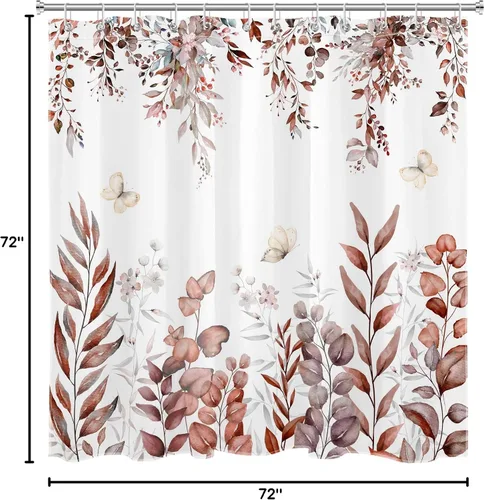 Miniatura 9 de LB Cortina de ducha de hojas de otoño, cortina de baño de hojas de eucalipto y mariposas, cortina de baño de plantas de otoño con gancho, 72 x 72