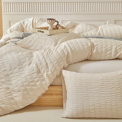 Miniatura 4 de WARMDERN - Juego de funda de edredón tamaño Queen, juego de ropa de cama de 3 piezas de microfibra lavada color beige, funda de edredón con textura