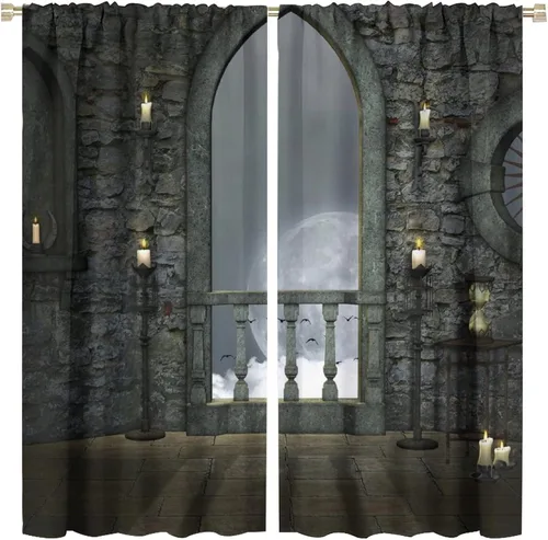 Miniatura 53 de Cortinas góticas con diseño de luna de Halloween, historia, puerta espeluznante, fondo de terror, vela, ficción, patrón de impresión, sala de estar