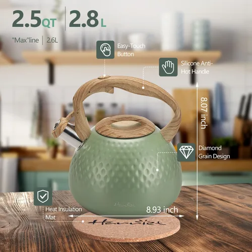 Miniatura 5 de Tetera de Harriet para estufa, tetera de 2.5QT con silbato de 5 capas en la parte inferior, tetera de acero inoxidable de grado alimenticio con Verde