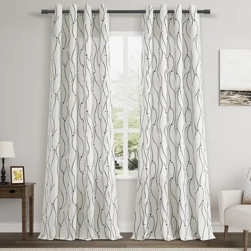 Miniatura 21 de Joywell Cortinas jacquard con ojales para sala de estar, 108 pulgadas de largo, línea ondulada negra con patrón de puntos, cortinas bordadas