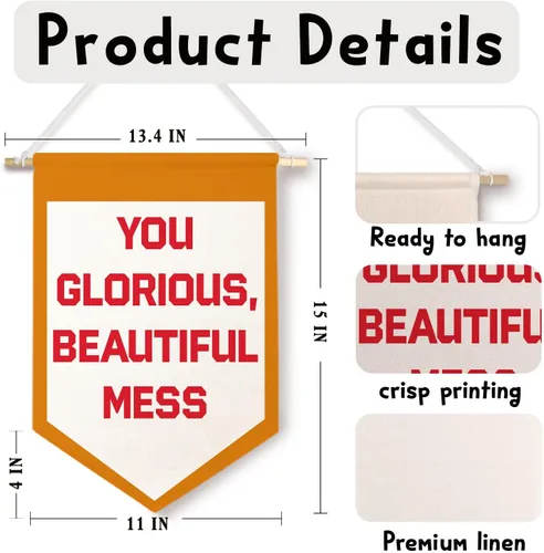 Miniatura 5 de ChenCraty Divertidos carteles de lienzo inspiradores para pared, con texto en inglés "You Glorious Beautiful Mess Humorístico", banderín colgante