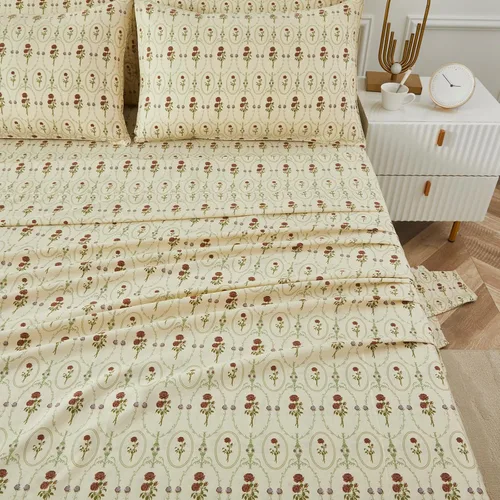 Miniatura 25 de FADFAY Juego de sábanas de cama tamaño King 100% algodón, color verde salvia, patrón floral de rosas rojas de campo francés, ropa de cama de lujo