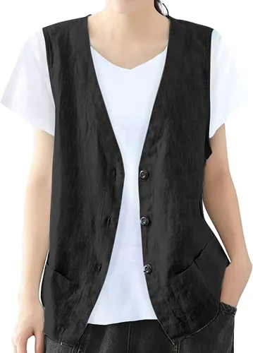 Miniatura 5 de COTECRAM Chaleco de lino de algodón para mujer, casual, sin mangas, con botones, ligero, para verano, holgado, ropa de abrigo