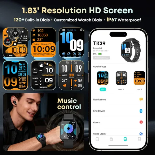 Miniatura 5 de Reloj inteligente para hombres, más de 120 modos deportivos con pantalla táctil HD de 1.83 pulgadas, monitor de sueño, impermeable IP67, llamada