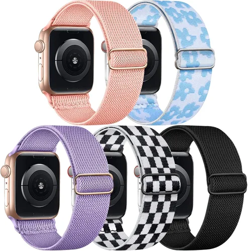 Miniatura 12 de 5 Pack de bandas elásticas de nylon compatibles con Apple Watch de 40 mm, 41 mm, 42 mm, 44 mm, 45 mm, 46 mm, 49 mm, 38 mm para mujeres y hombres