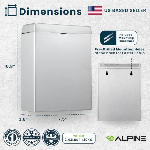 Miniatura 5 de Receptáculo para toallas sanitarias Alpine – Soporte para tampones montado en la pared para baño proporciona un baño limpio y sin olores