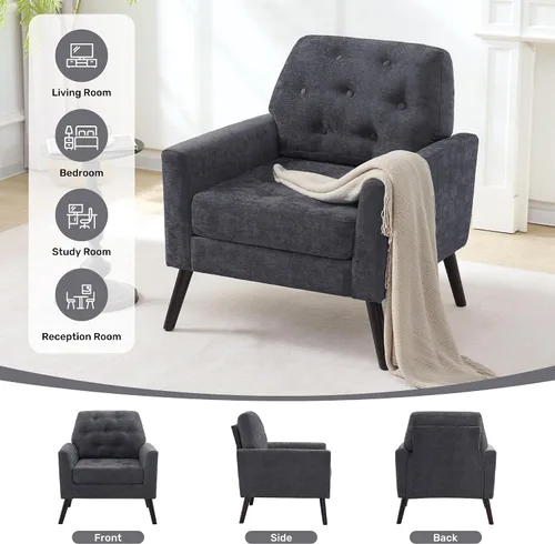 Miniatura 7 de Silla decorativa para sala de estar, silla de lectura moderna de mediados de siglo, sillón tapizado con respaldo copetudo y patas de madera, sofá