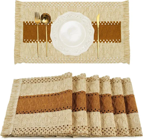 Miniatura 10 de FEXIA Juego de 4 manteles individuales bohemios, decoración de mesa de macramé, manteles individuales estilo granja en arpillera de algodón natural
