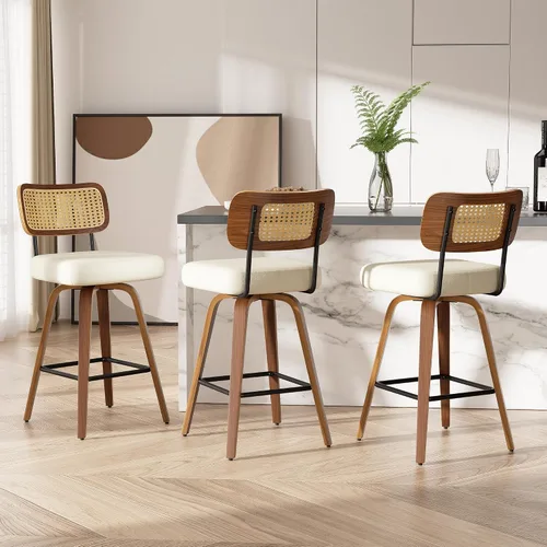 Miniatura 28 de Juego de 1 taburete de bar giratorio, taburetes de bar tapizados de 26" de altura para encimera con respaldo de nogal y patas de madera curvada