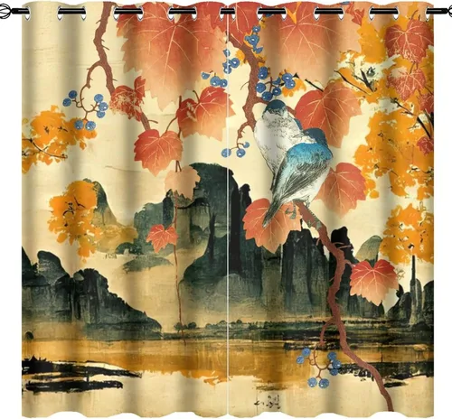 Miniatura 20 de Cortinas opacas para oscurecer la habitación con ojales, diseño de flores japonesas con ojales, arte retro de primavera y ramas florales, arte