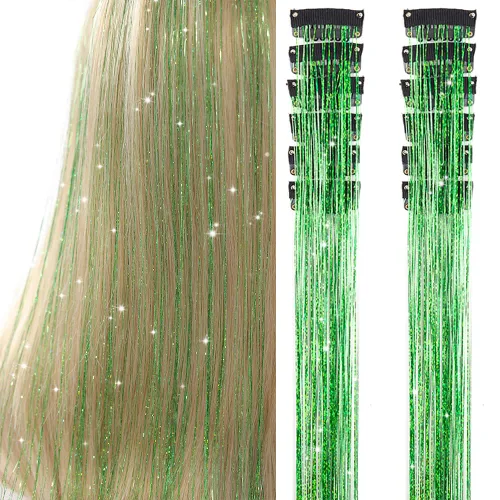 Paquete de oropel para el cabello de 12 piezas con clip, extensiones de cabello de oropel de 20 pulgadas, brillantes y verdes, accesorios para el