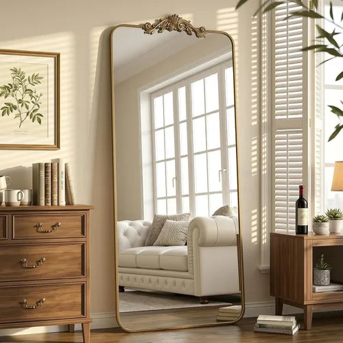 Miniatura 15 de Antok Espejo arqueado de longitud completa, espejo de piso de 65 x 24 pulgadas con tallado, espejos de cuerpo completo para decoración del hogar