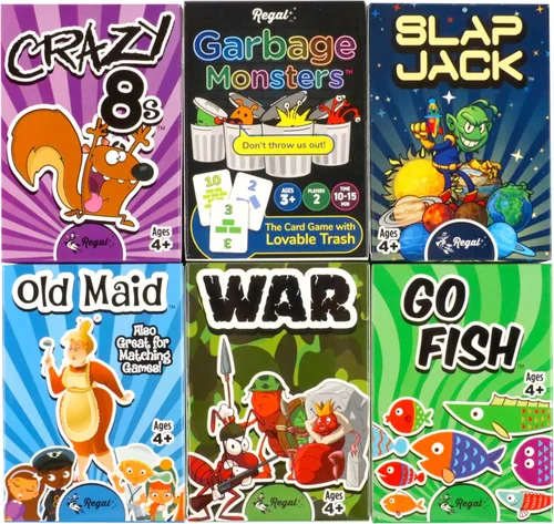 Juegos de cartas clásicos – Los juegos incluidos pueden variar – Incluye Old Maid, Go Fish, Slapjack, Crazy 8's, War y (Silly Monster Memory Match o