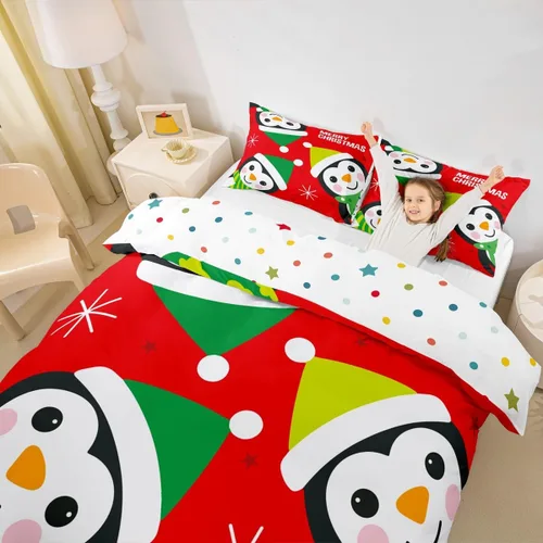 Miniatura 3 de Juego de funda de edredón para niños de Feliz Navidad, tamaño King, juego de ropa de cama de pingüinos de dibujos animados, animales árticos