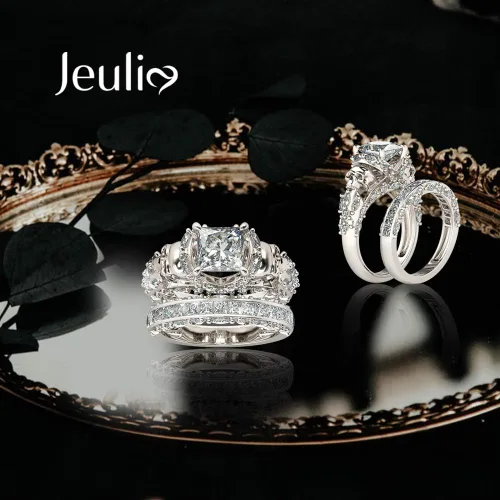 Miniatura 3 de Jeulia Juego de anillos de compromiso de calavera de plata de ley, anillos de compromiso de eternidad, diamantes de corte princesa con circonita