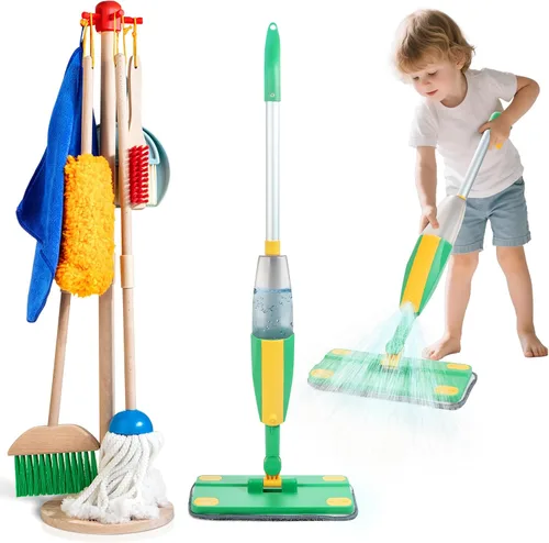 WOODMAM Juego de Limpieza de Madera para Niños con Trapeador Rociador, Juguetes de Limpieza Montessori con Rociador de Agua Real y Juego de
