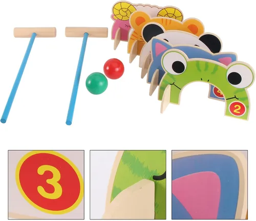 Miniatura 4 de TOYANDONA Juego de croquet para niños, juego de croquet de animales de madera de dibujos animados con mazos de madera de croquet, juego familiar