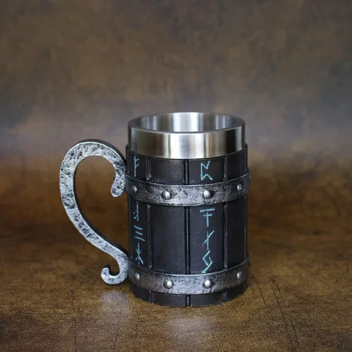 Miniatura 6 de Taza vikinga nórdica, jarra de cerveza de madera de roble, forro de acero inoxidable, mitología nórdica, taza de café de runas vikingas para Taza