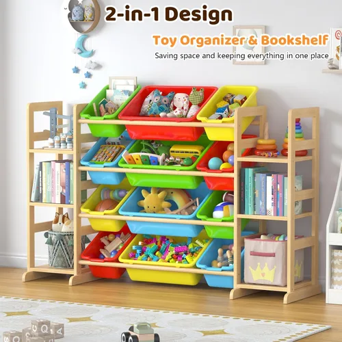 Miniatura 4 de Organizador grande de almacenamiento de juguetes para niños, organizador de juguetes y estantería combinada con 12 contenedores y 6 estantes, caja