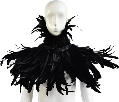 Miniatura 6 de Homelex, chal de pluma natural negro gótico con cuello de gargantilla