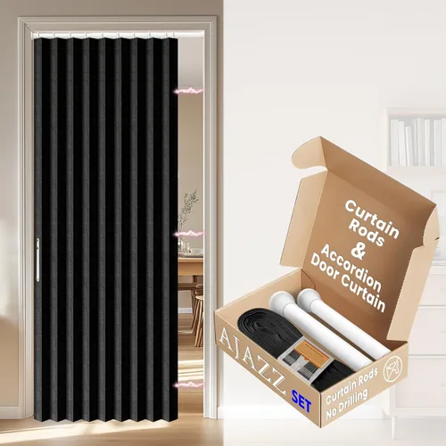 Miniatura 23 de AJAZZ Conjunto: Barras para cortinas sin perforación (28-39" de ancho) y cortina acordeón para puerta, beige 43" de ancho × 78" de largo, puertas