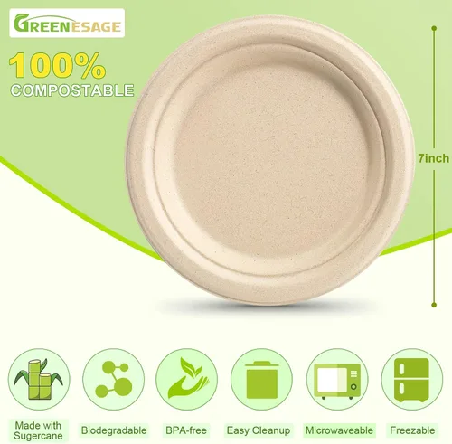 Miniatura 6 de Platos de papel pequeños, 7 pulgadas, paquete de 50 desechables, compostables, ecológicos, resistentes para comidas diarias, naturales