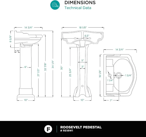 Miniatura 4 de Fine Fixtures Roosevelt Lavabo de Pedestal para Baño – Lavabo de Pedestal Pequeño de 18 Pulgadas, Cerámica Vítrea China Duradera con Orificio Único