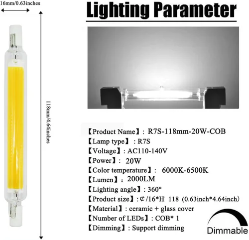 Miniatura 2 de Bombilla LED R7S de 20 W (paquete de 2) 100 W, equivalente a halógeno, 6000 K, luz blanca diurna tipo J T3, luz de inundación de doble extremo