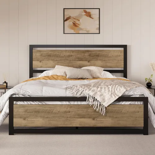 Miniatura 10 de SHA CERLIN Base de cama tamaño Queen con cabecera moderna, base de metal de plataforma resistente con estribo cuadrado y soporte de 13 listones Negro