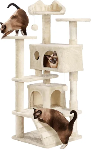 Yaheetech Torre de árbol para gatos de 54 pulgadas, mueble con poste rascador para gatitos, casa de mascotas para jugar Beige