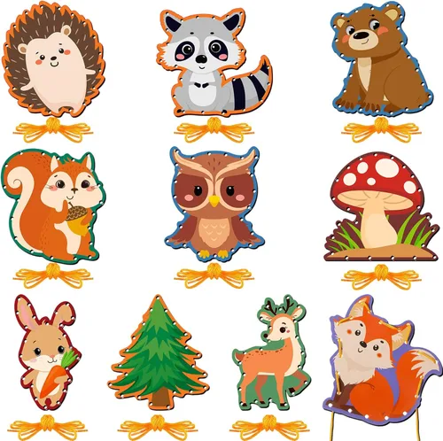 Miniatura 8 de Pajean Juego de 10 tarjetas con cordones para niños, tarjetas de costura de animales de doble cara, 10 estilos, manualidades de juguete para niños a