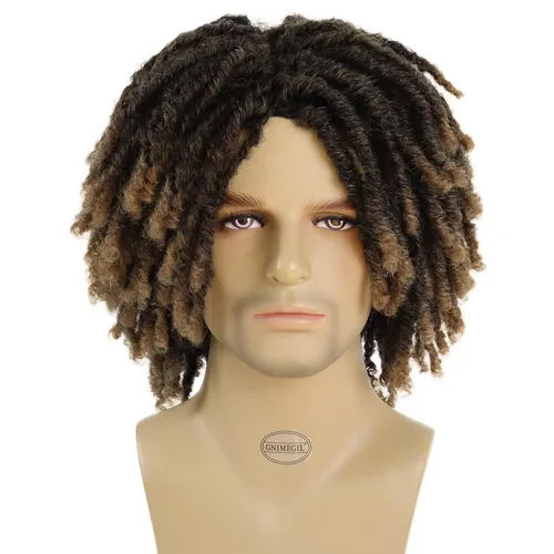 Miniatura 3 de GNIMEGIL Peluca de rastas cortas de 14 pulgadas para hombre, estilo afro bob, ombré, color marrón claro, cabello trenzado de ganchillo, pelucas