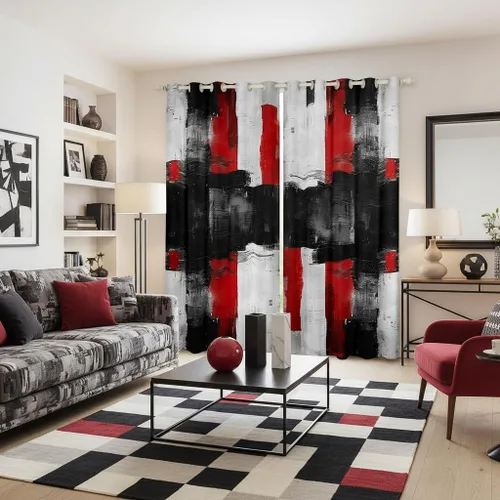Miniatura 26 de Cortina de ventana de rayas rojas y negras, cortinas abstractas con ondas circulares, cortinas geométricas para tratamiento de ventanas para niños
