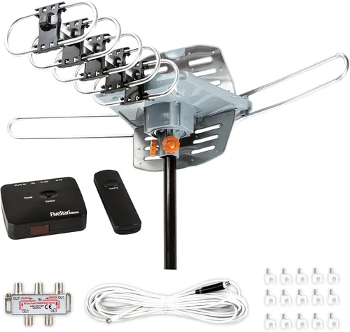 Antena de TV para exteriores Five Star HDTV de 150 millas de largo alcance – Antena de TV giratoria de 360° con amplificador, salida de TV dual,
